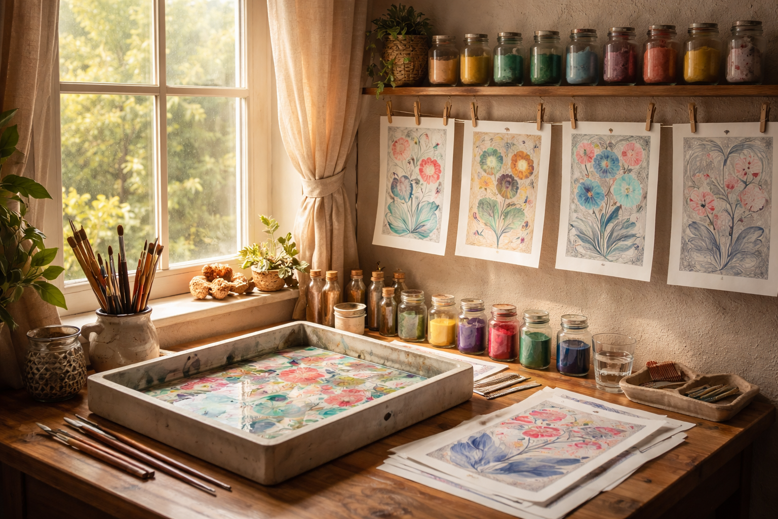 Ev ortamında hazırlanmış ebru çalışma alanı