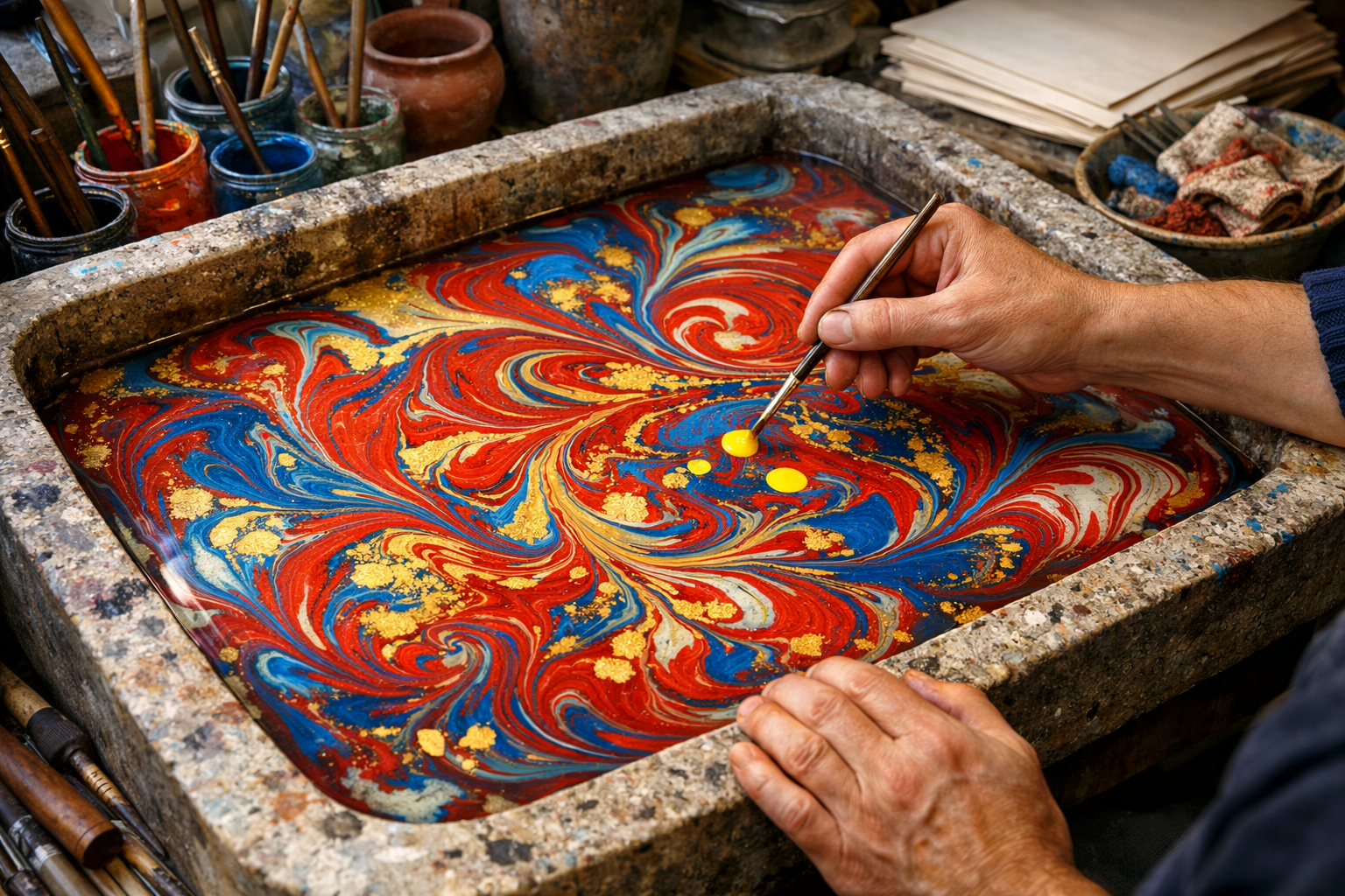 Geleneksel ebru sanatı — su yüzeyinde renkli desenler