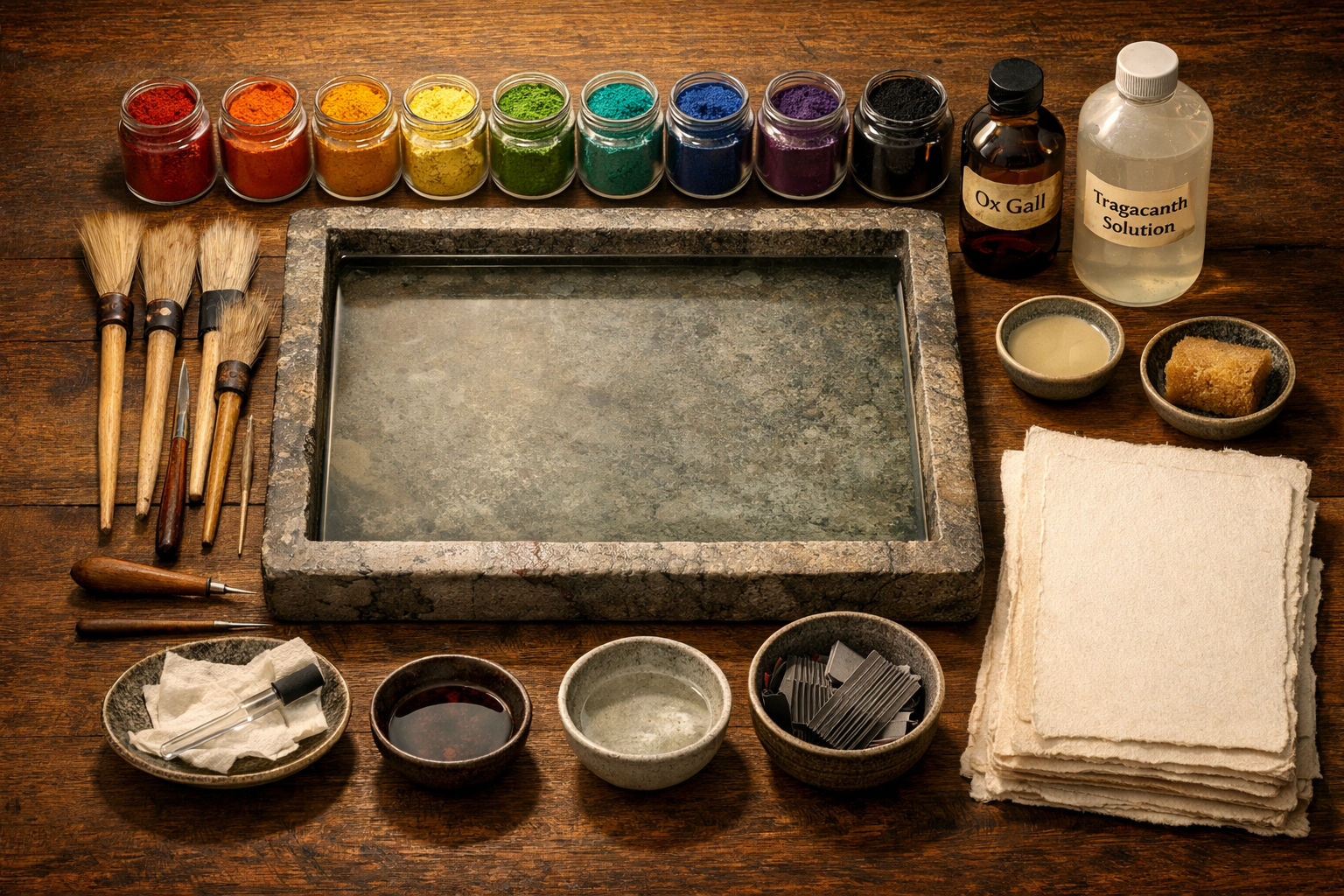 Ebru malzemeleri — tekne, fırçalar, boyalar ve kitre